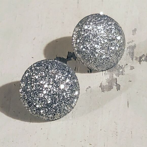 Retro 80s Club Glam Disco Sparkly Silver Fabric Button Earrings - Picture 5 of 10